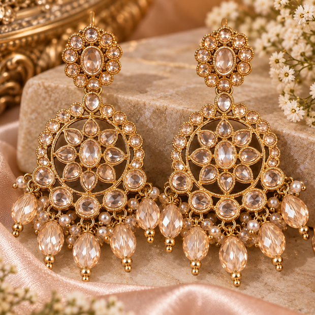 Champagne Kundan Earrings & Tikka Set – Gold Tone Bridal Statement Jewelry