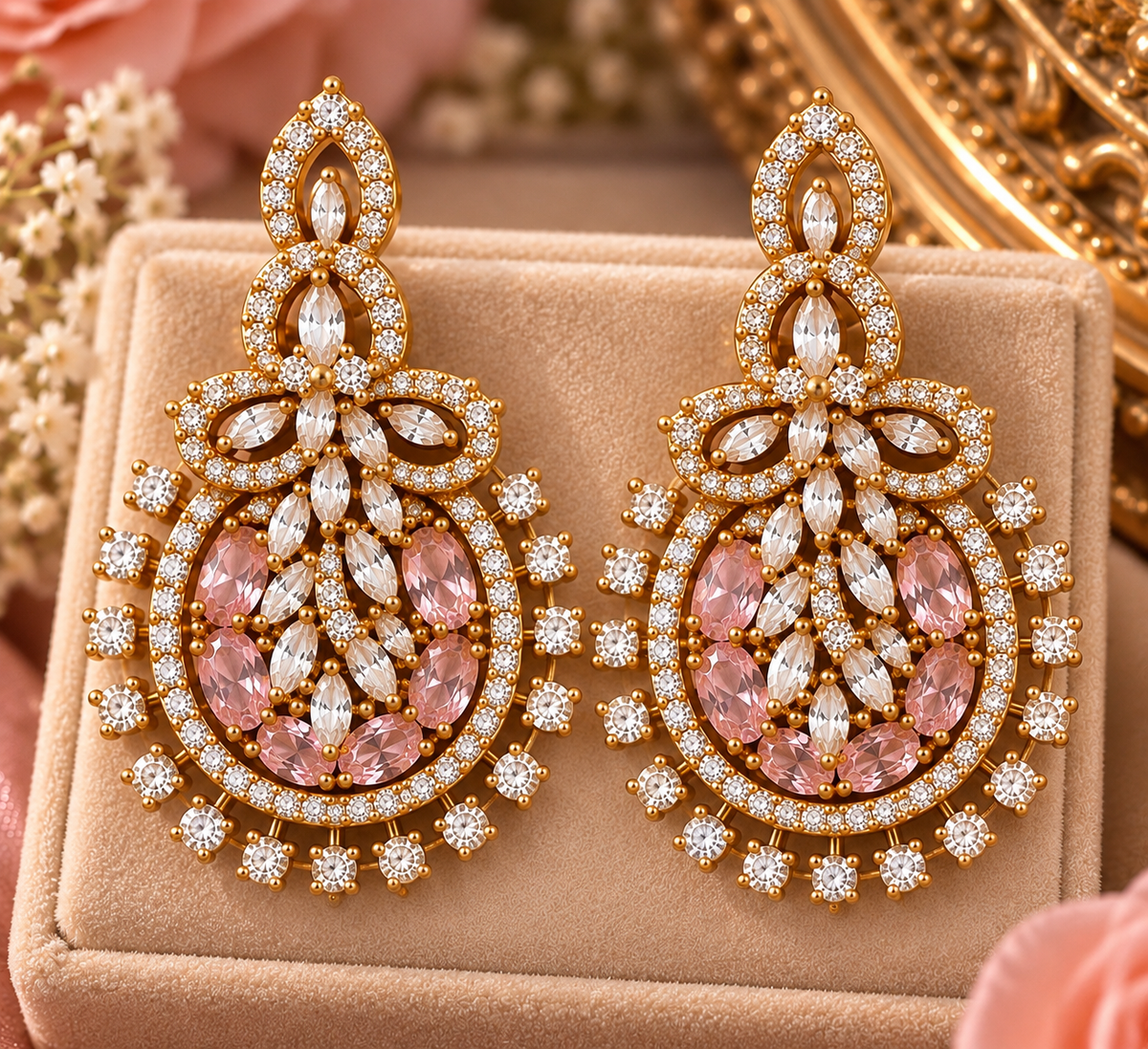 Blush Pink Crystal Pendant & Earrings Set – Gold Tone Statement Jewelry