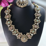 Noor Pastel Kundan Statement Necklace Set Mint & Pink
