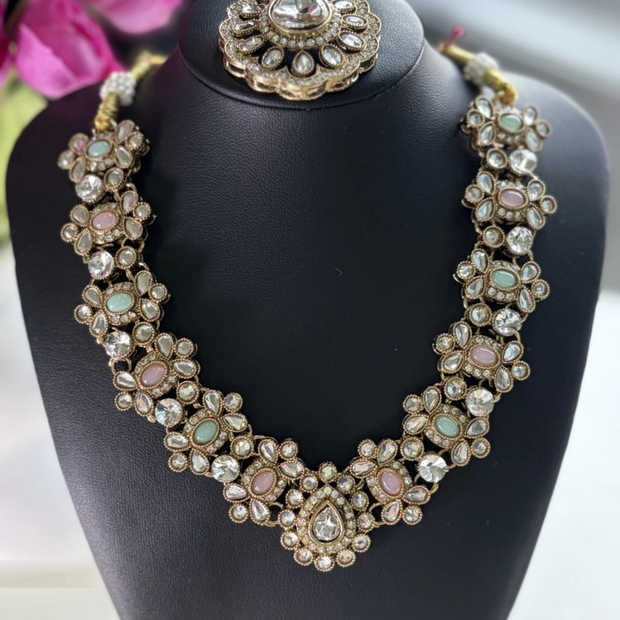 Noor Pastel Kundan Statement Necklace Set Mint & Pink