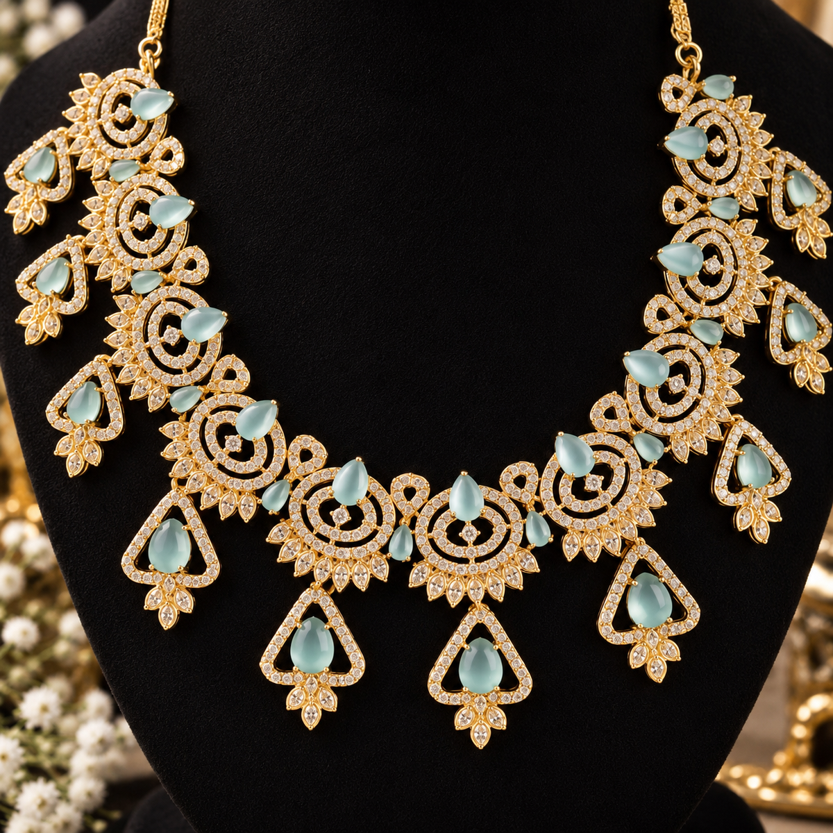 Mint Green CZ Necklace & Earrings Set Silver Tone Pakistani Jewelry