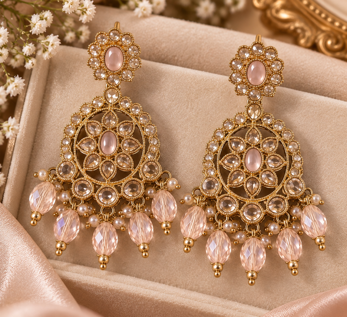 Kundan Earrings & Tikka Set – Gold Tone Bridal Jewelry with Crystal Drops
