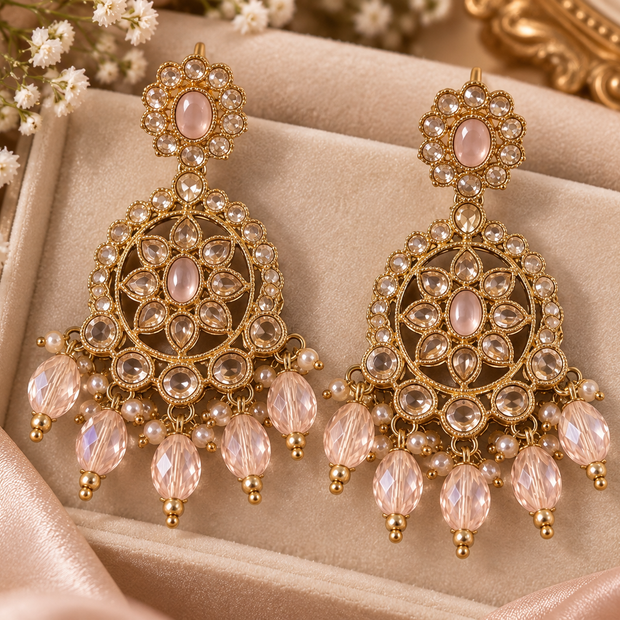 Kundan Earrings & Tikka Set – Gold Tone Bridal Jewelry with Crystal Drops