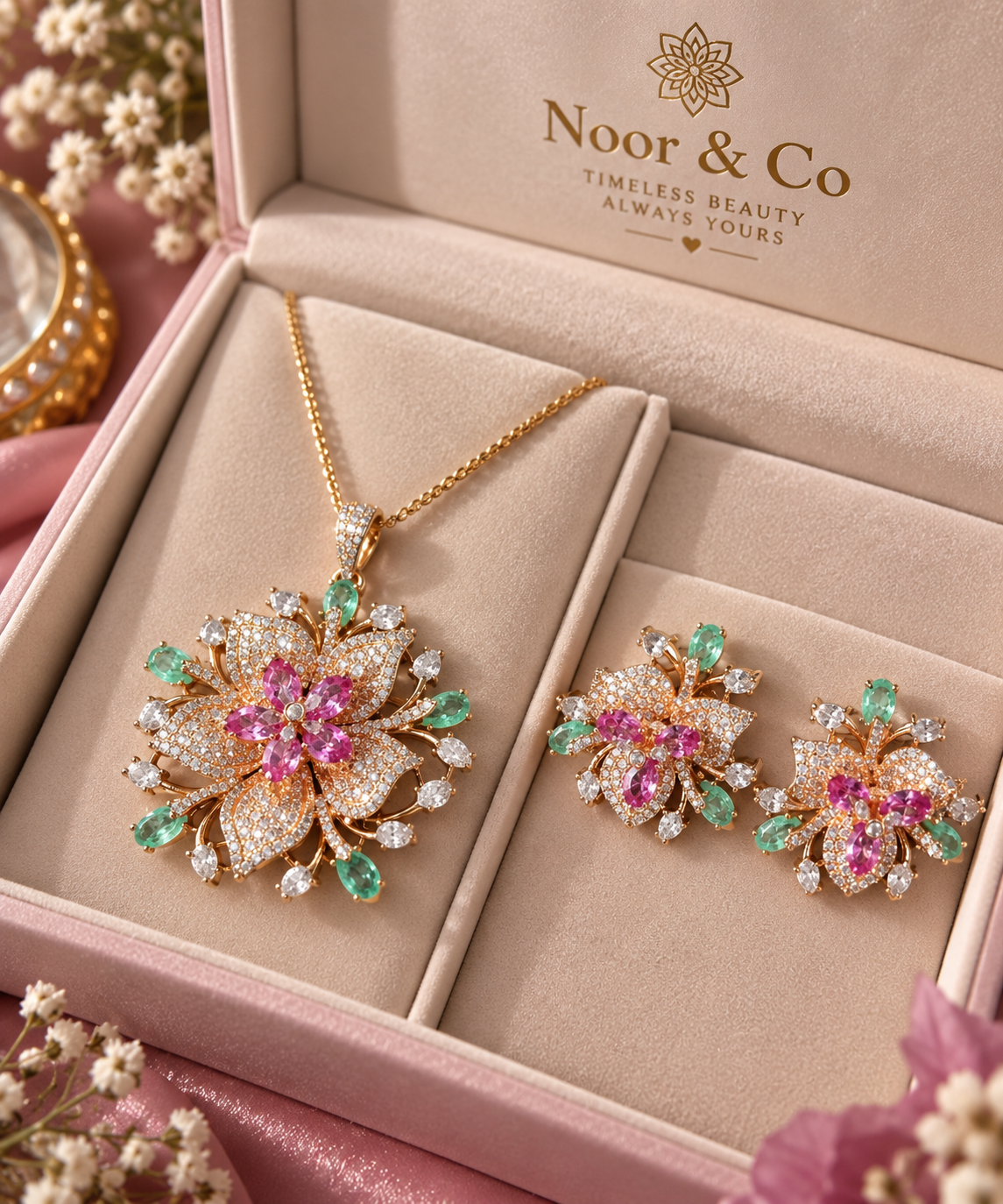 Pink & Mint Green Floral Pendant Necklace Set with Matching Earrings | Statement Jewelry