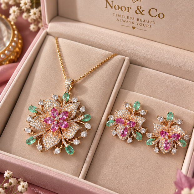 Pink & Mint Green Floral Pendant Necklace Set with Matching Earrings | Statement Jewelry