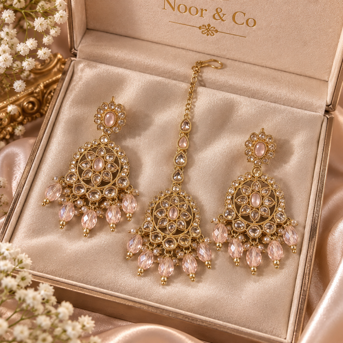 Kundan Earrings & Tikka Set – Gold Tone Bridal Jewelry with Crystal Drops