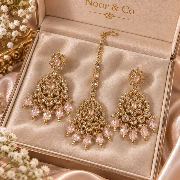 Kundan Earrings & Tikka Set – Gold Tone Bridal Jewelry with Crystal Drops