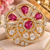 Ruby Pink & Clear CZ Floral Statement Ring – Gold Tone Pear Cut Cocktail Ring
