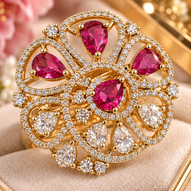 Ruby Pink & Clear CZ Floral Statement Ring – Gold Tone Pear Cut Cocktail Ring