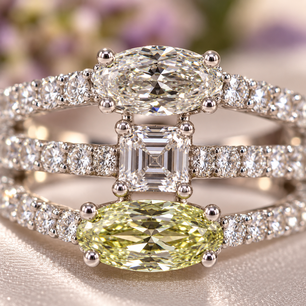 Adjustable Three Stone Statement Ring | Clear & Yellow CZ Silver-Tone Cocktail Ring
