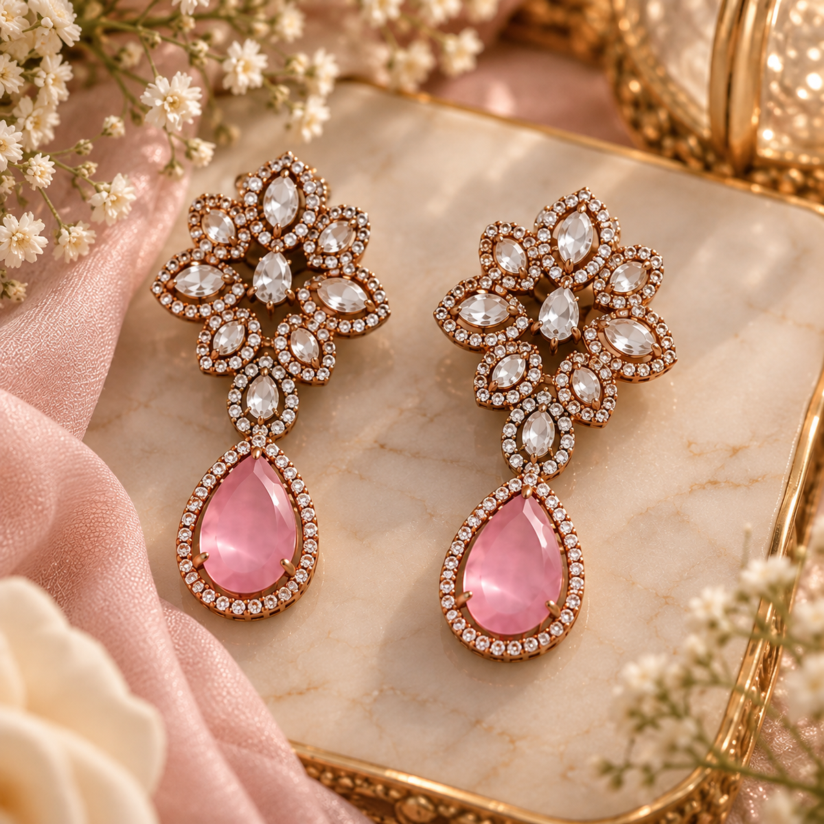 Vintage Inspired Pink- Green Crystal Jewelry Set – Statement Necklace & Earrings