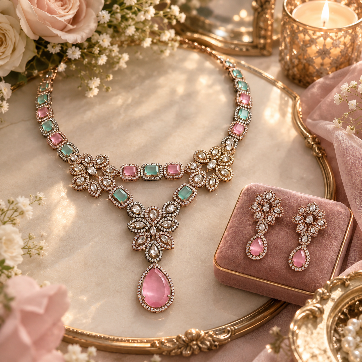Vintage Inspired Pink- Green Crystal Jewelry Set – Statement Necklace & Earrings