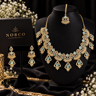 Mint Green CZ Necklace & Earrings Set Silver Tone Pakistani Jewelry