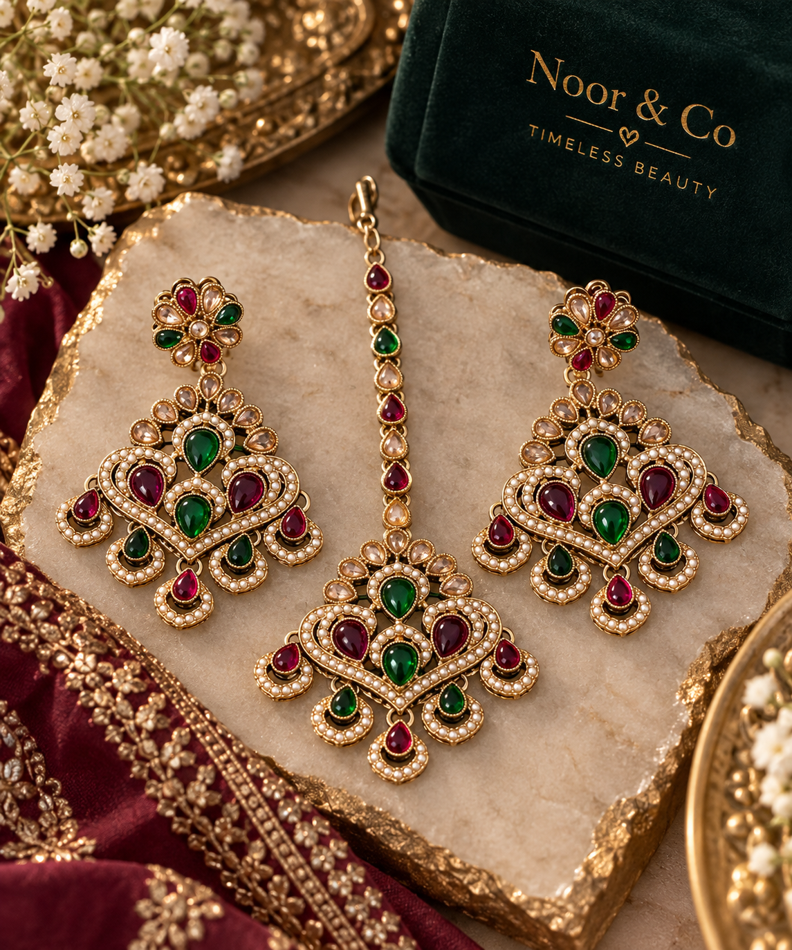 Multicolor Kundan Style Earring & Tikka Set – Ruby Green Pearl Statement Jewelry