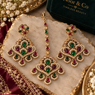 Multicolor Kundan Style Earring & Tikka Set – Ruby Green Pearl Statement Jewelry