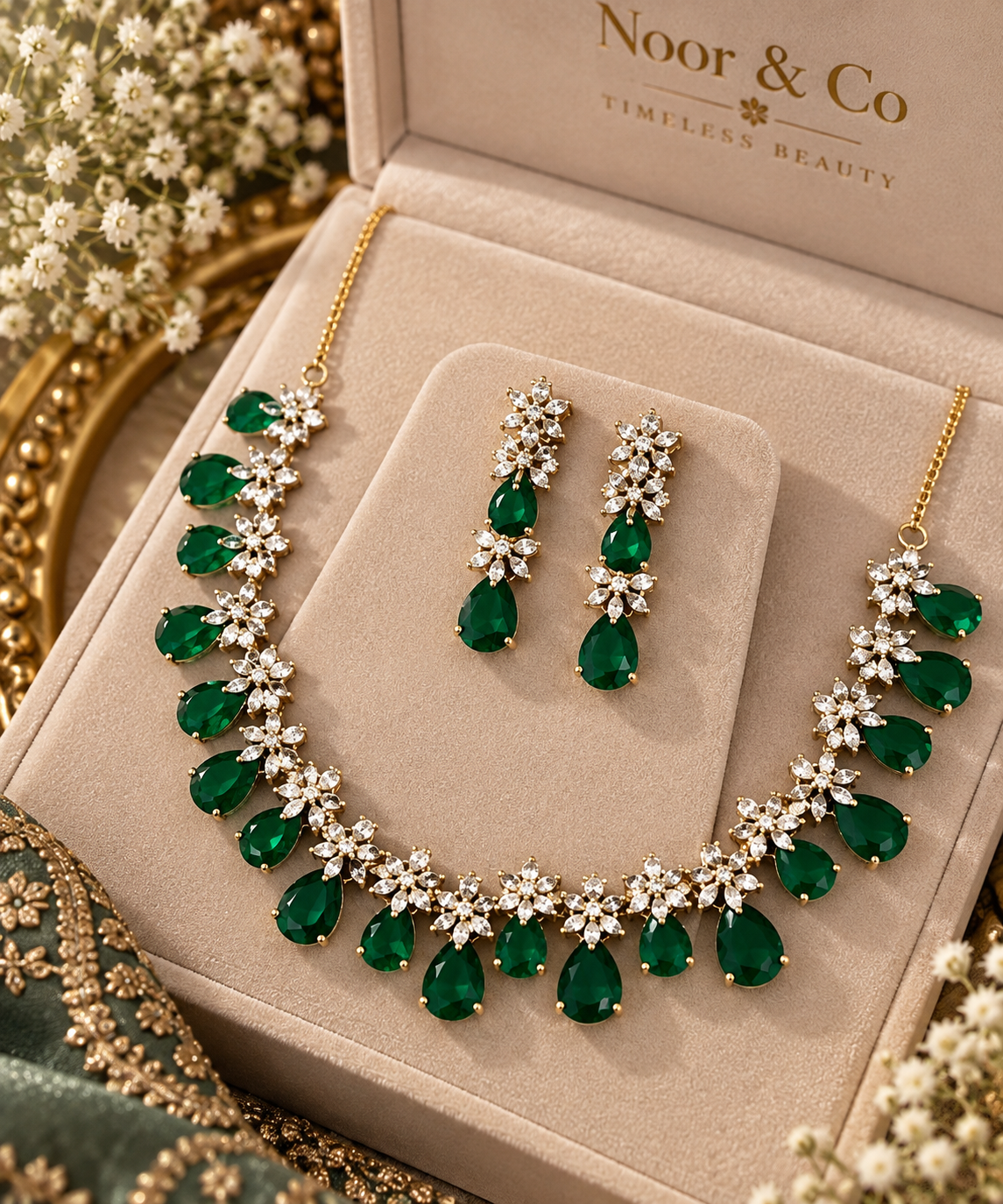 Emerald Green Crystal Necklace & Earrings Set – Elegant Floral Statement Jewelry