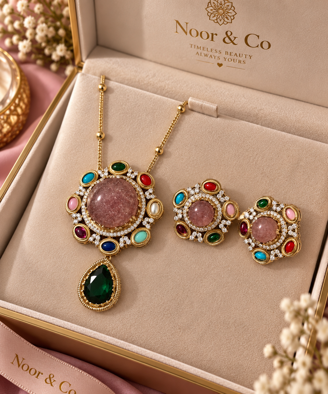 Multicolor Statement Pendant Necklace Set with Matching Earrings | Colorful Stone Jewelry