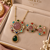 Multicolor Statement Pendant Necklace Set with Matching Earrings | Colorful Stone Jewelry