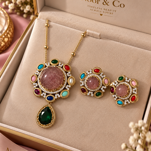 Multicolor Statement Pendant Necklace Set with Matching Earrings | Colorful Stone Jewelry