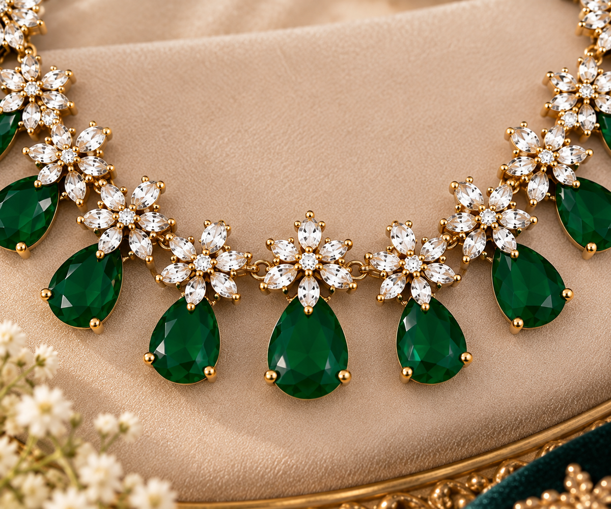 Emerald Green Crystal Necklace & Earrings Set – Elegant Floral Statement Jewelry
