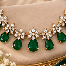 Emerald Green Crystal Necklace & Earrings Set – Elegant Floral Statement Jewelry