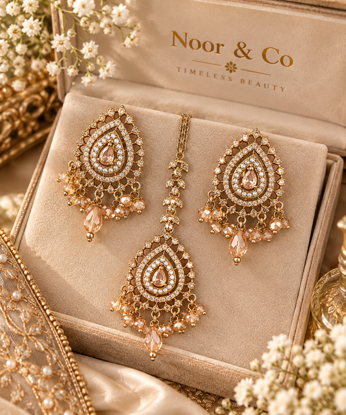 Champagne Crystal Earring & Tikka Set – Gold Tone Bridal Jewelry