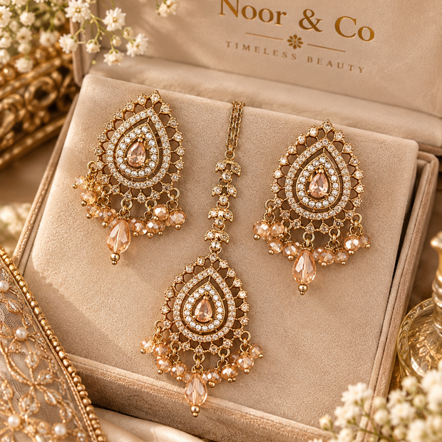 Champagne Crystal Earring & Tikka Set – Gold Tone Bridal Jewelry