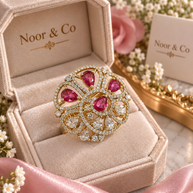 Ruby Pink & Clear CZ Floral Statement Ring – Gold Tone Pear Cut Cocktail Ring