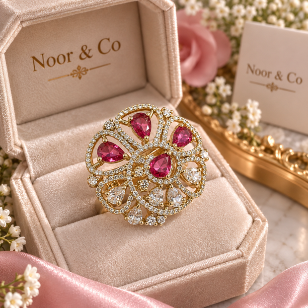 Ruby Pink & Clear CZ Floral Statement Ring – Gold Tone Pear Cut Cocktail Ring
