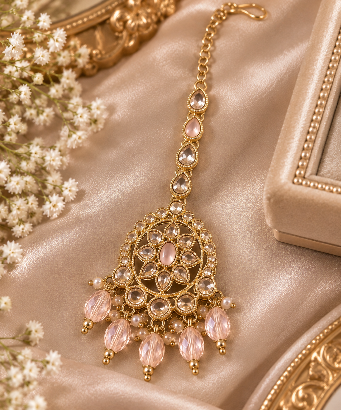 Kundan Earrings & Tikka Set – Gold Tone Bridal Jewelry with Crystal Drops