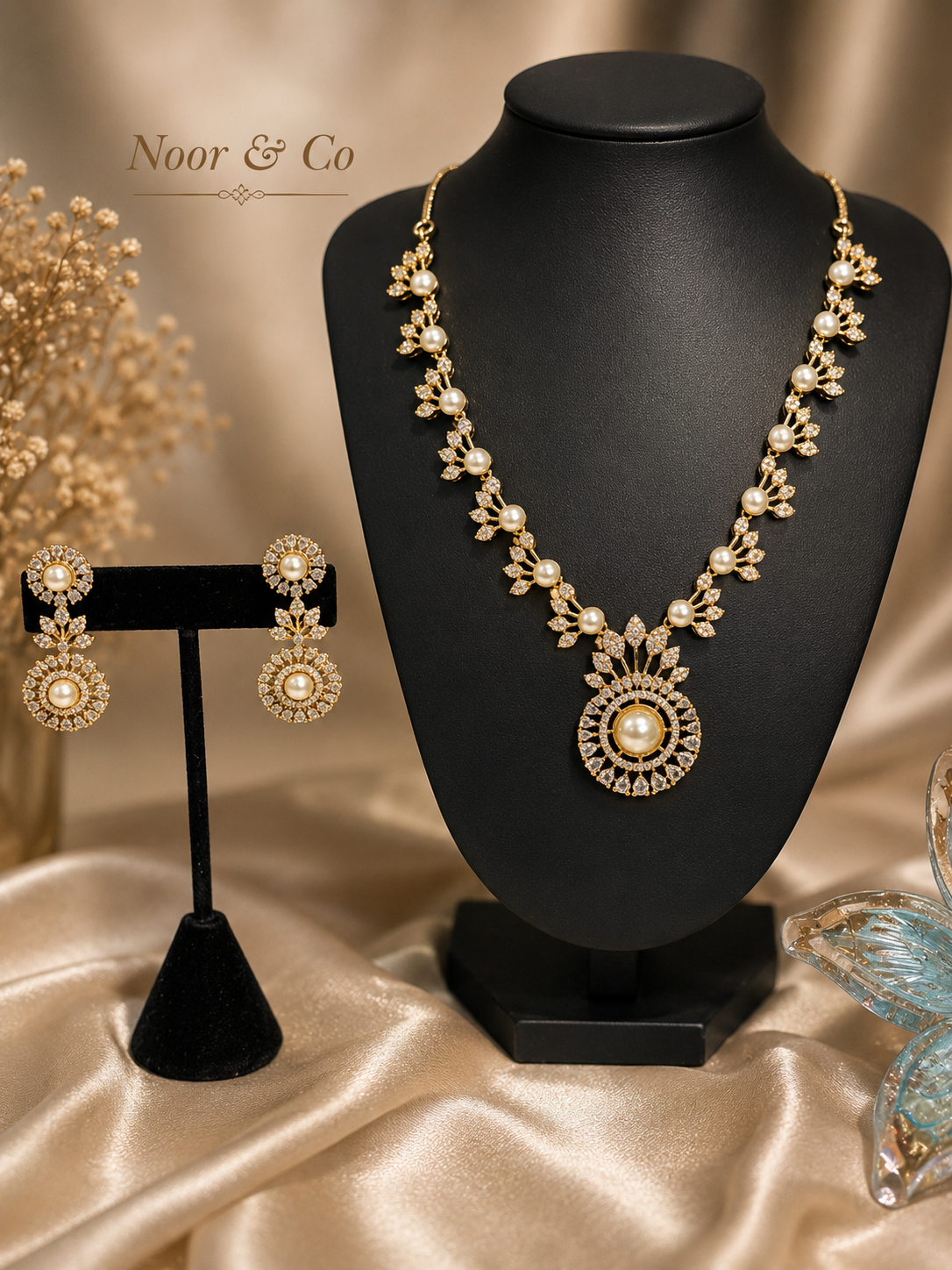 Elara Pearl & American Diamond Pendant Necklace Set