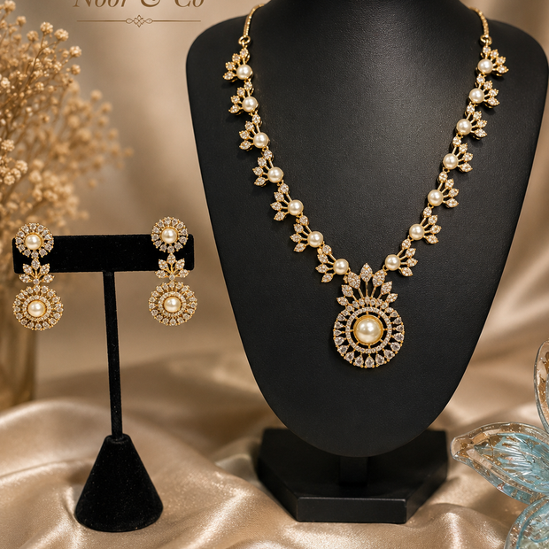 Elara Pearl & American Diamond Pendant Necklace Set