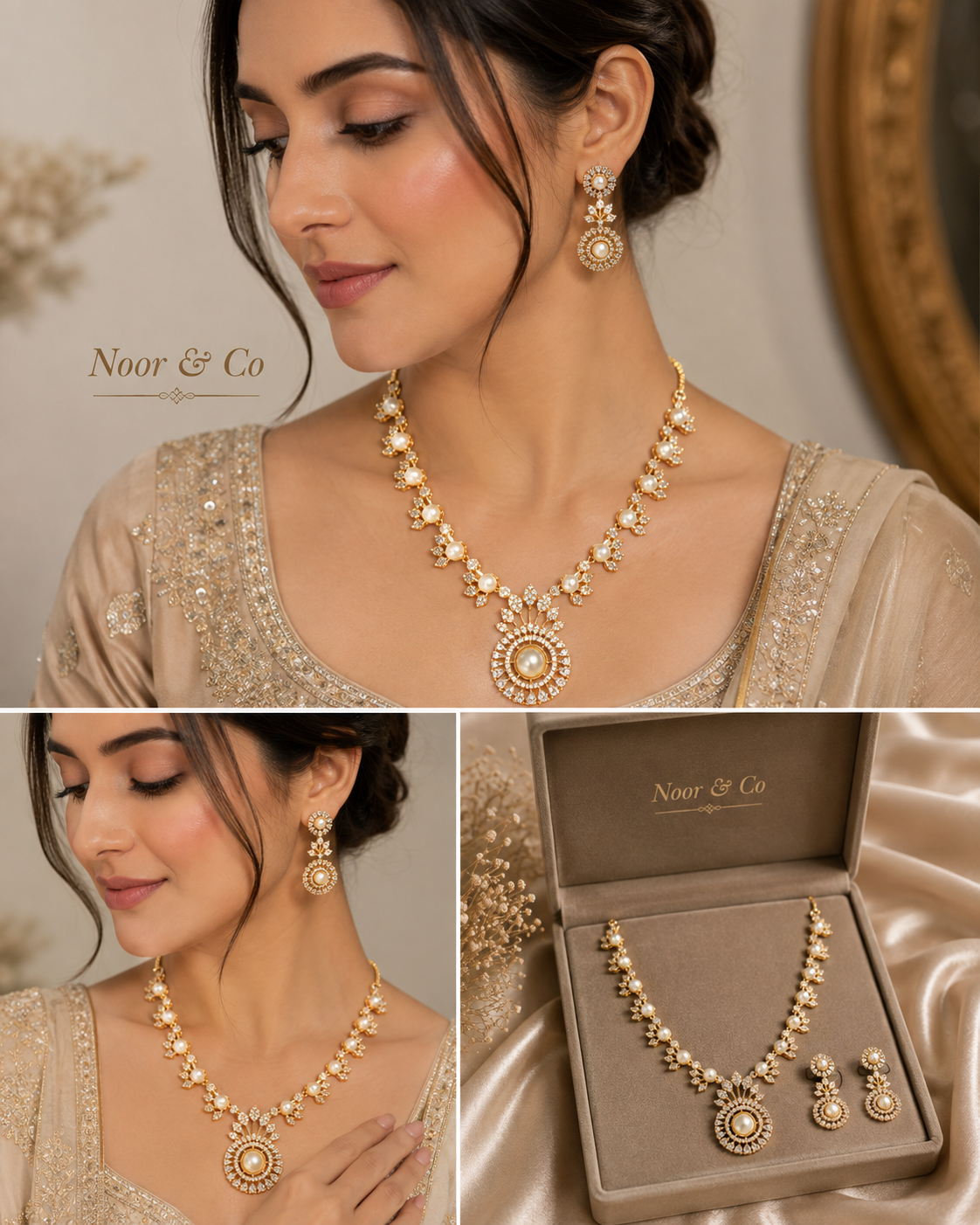 Elara Pearl & American Diamond Pendant Necklace Set