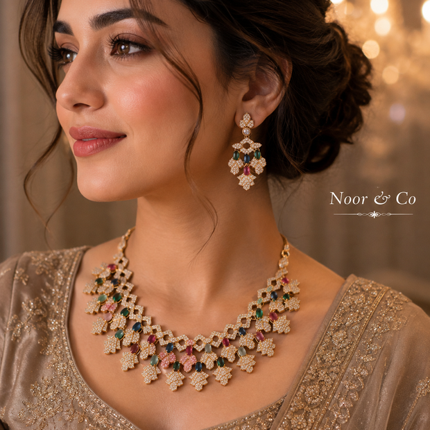 Zaria Multicolor American Diamond Statement Necklace Set