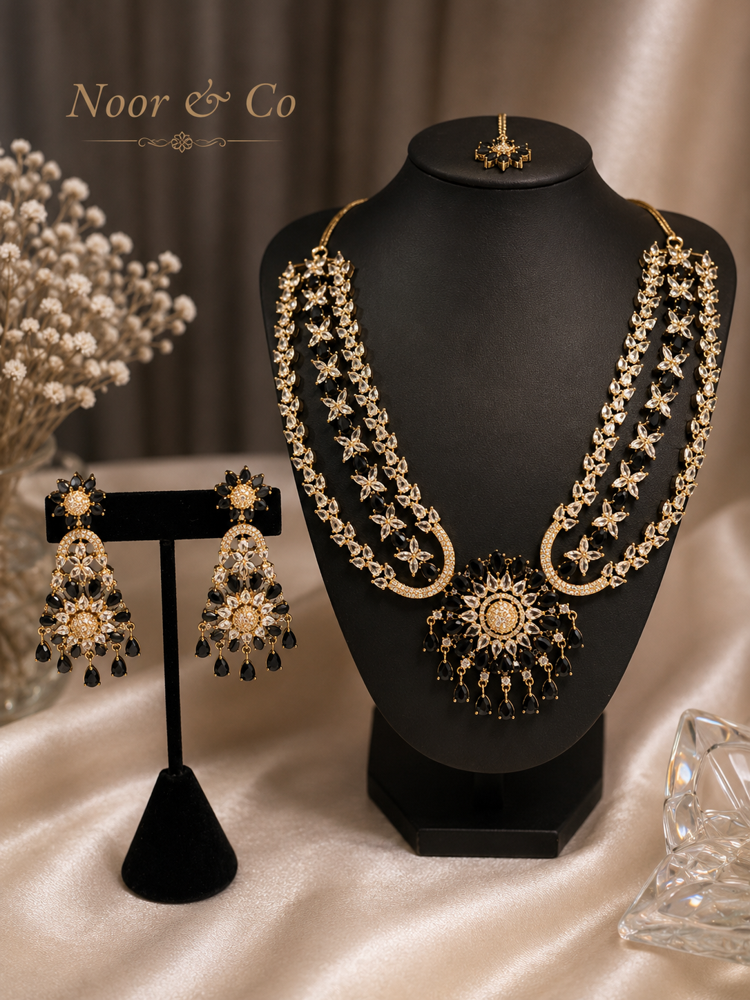 Zara Black American Diamond Bridal Necklace Set with Tikka