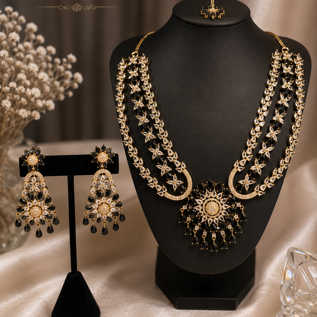 Zara Black American Diamond Bridal Necklace Set with Tikka
