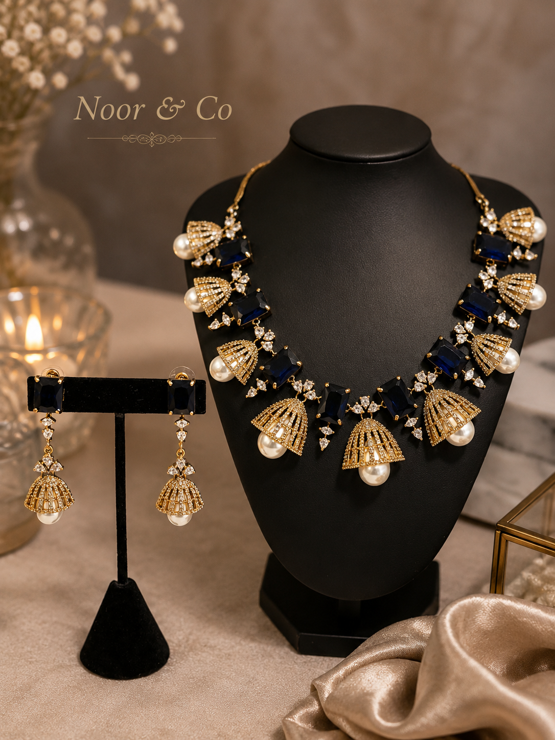 Safiya Navy Blue Pearl Jhumka Necklace Set