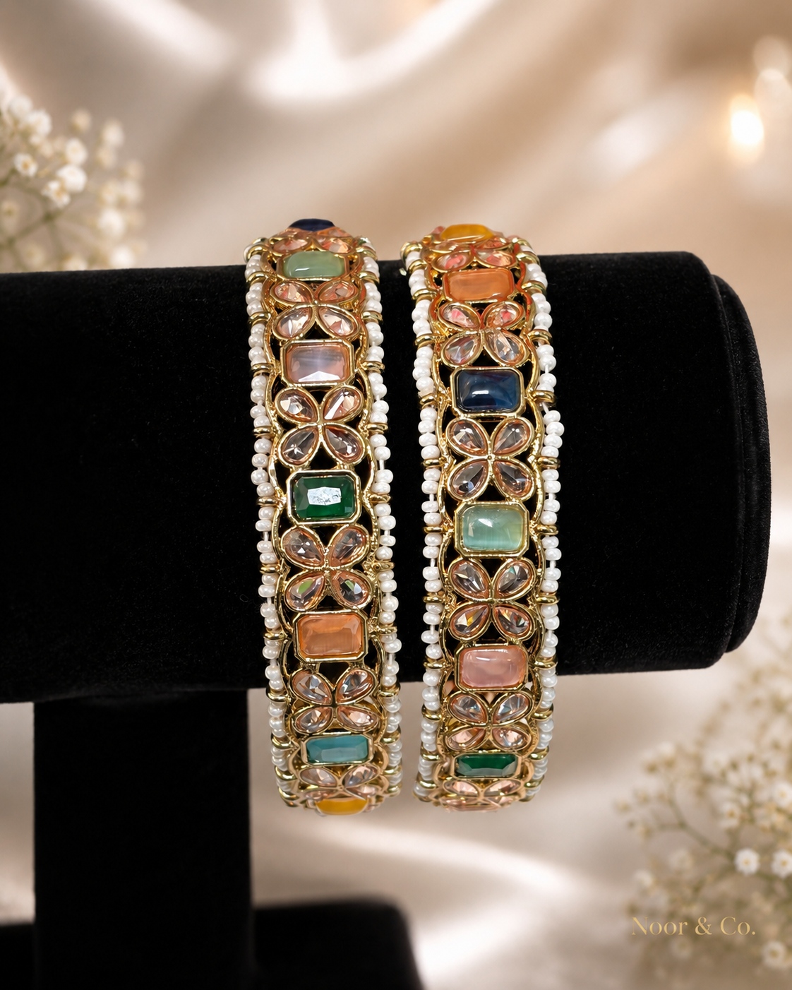 Multicolor Kundan Polki Pearl Bangle Pair Gold Tone Indian Pakistani Jewelry 2.10