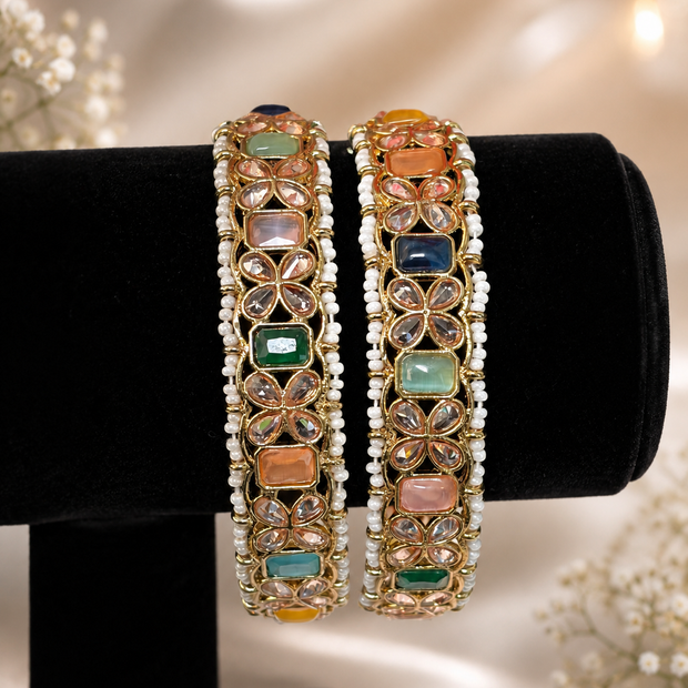 Multicolor Kundan Polki Pearl Bangle Pair Gold Tone Indian Pakistani Jewelry 2.10