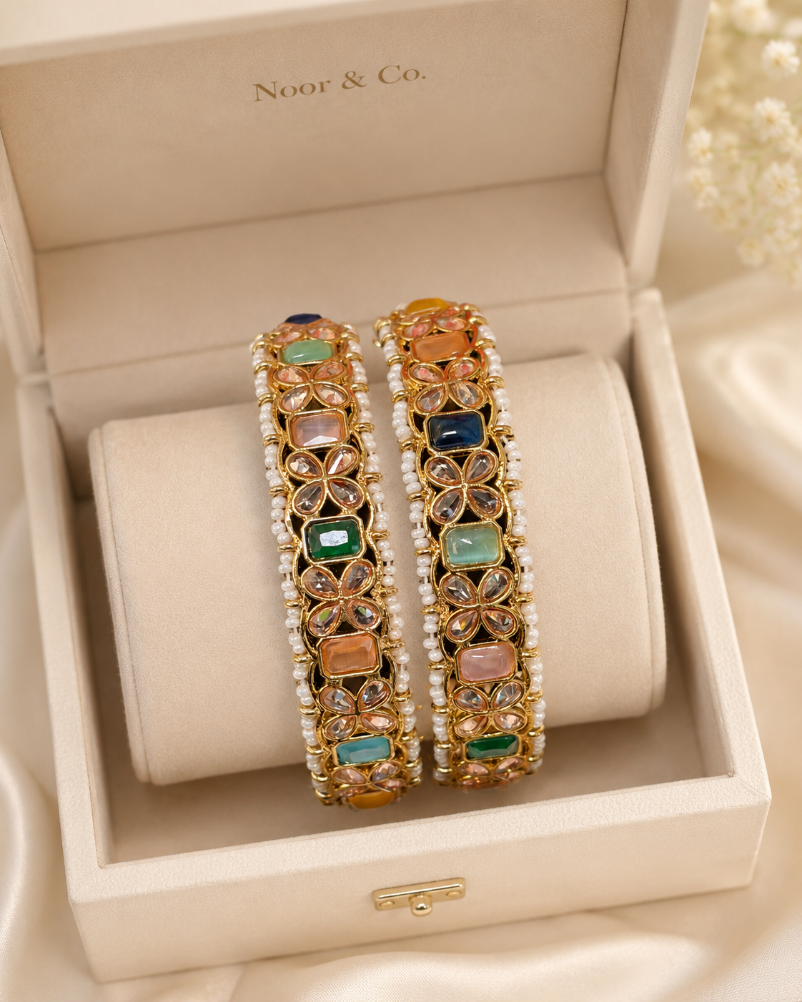 Multicolor Kundan Polki Pearl Bangle Pair Gold Tone Indian Pakistani Jewelry 2.10
