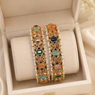 Multicolor Kundan Polki Pearl Bangle Pair Gold Tone Indian Pakistani Jewelry 2.10