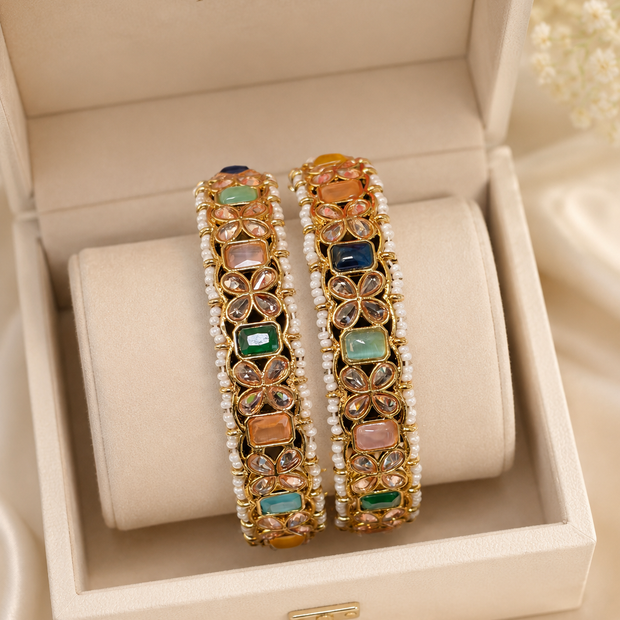 Multicolor Kundan Polki Pearl Bangle Pair Gold Tone Indian Pakistani Jewelry 2.10