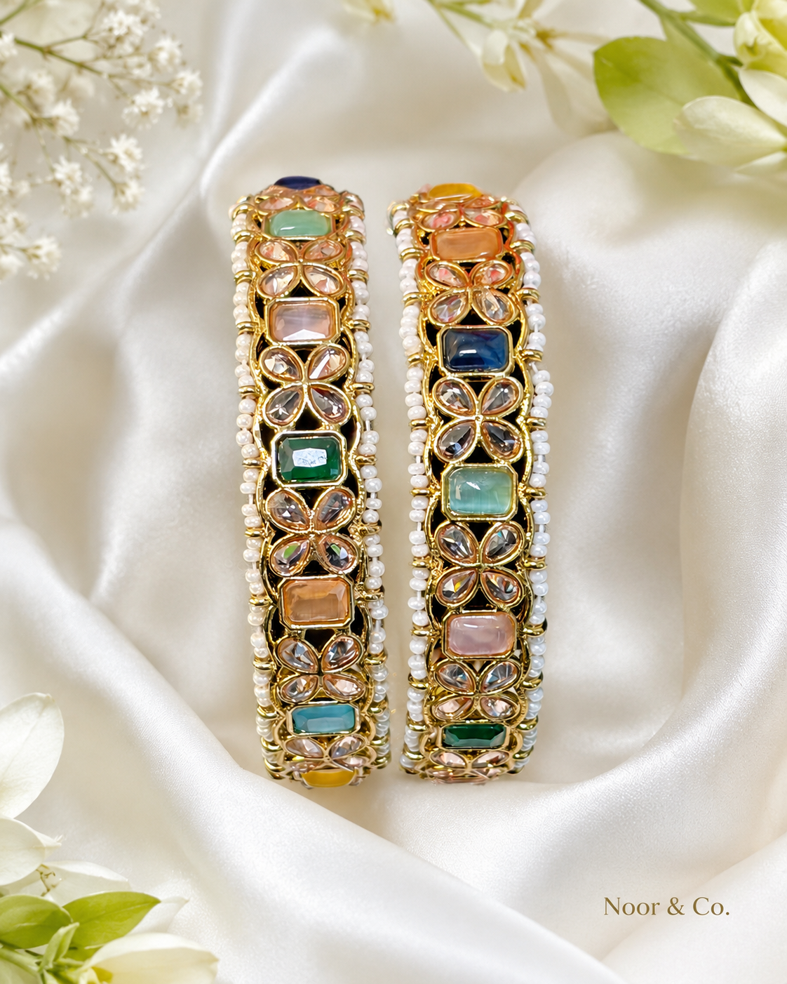 Multicolor Kundan Polki Pearl Bangle Pair Gold Tone Indian Pakistani Jewelry 2.10