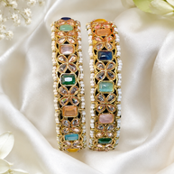 Multicolor Kundan Polki Pearl Bangle Pair Gold Tone Indian Pakistani Jewelry 2.10