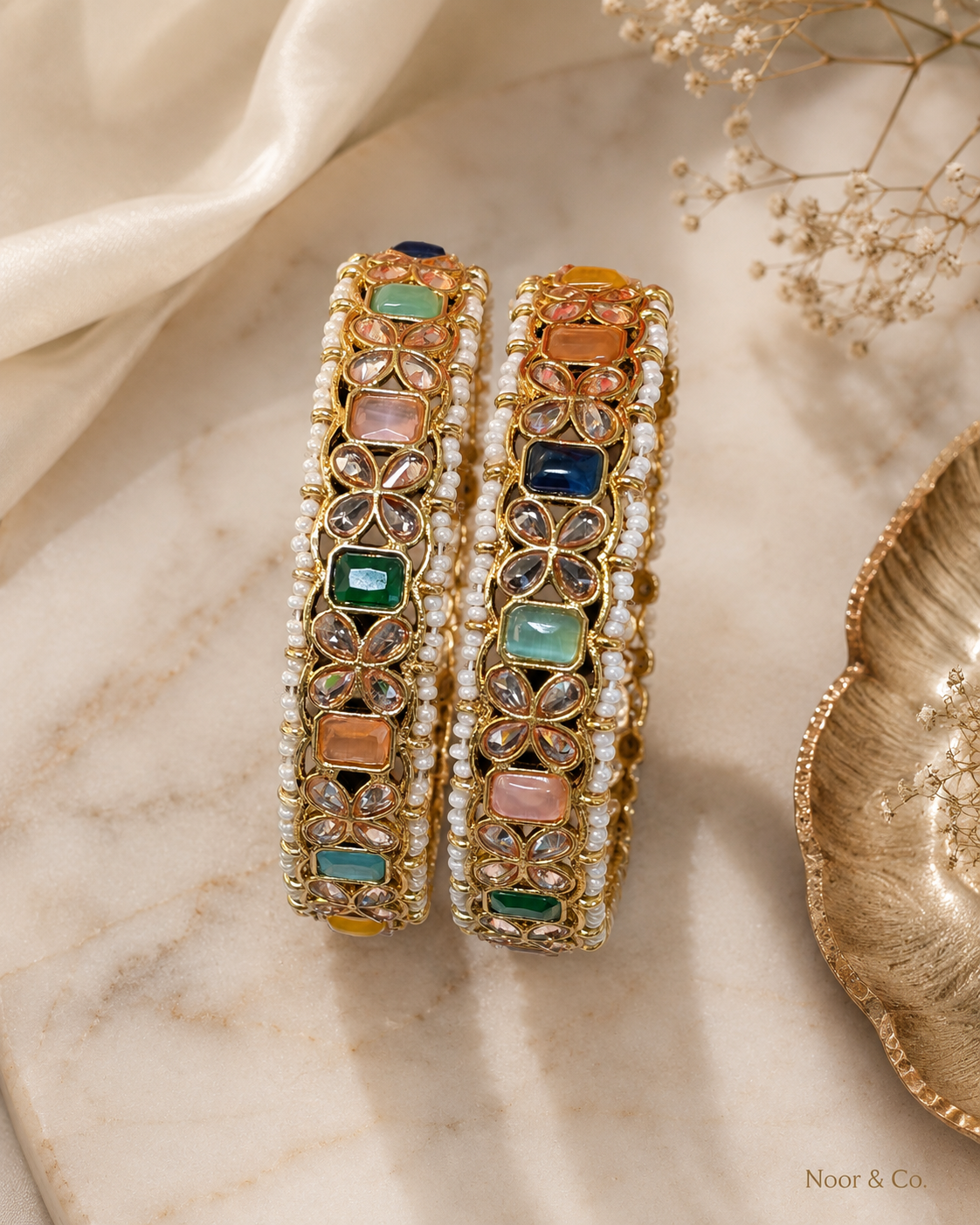 Multicolor Kundan Polki Pearl Bangle Pair Gold Tone Indian Pakistani Jewelry 2.10