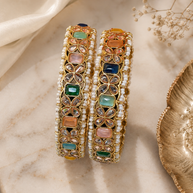 Multicolor Kundan Polki Pearl Bangle Pair Gold Tone Indian Pakistani Jewelry 2.10