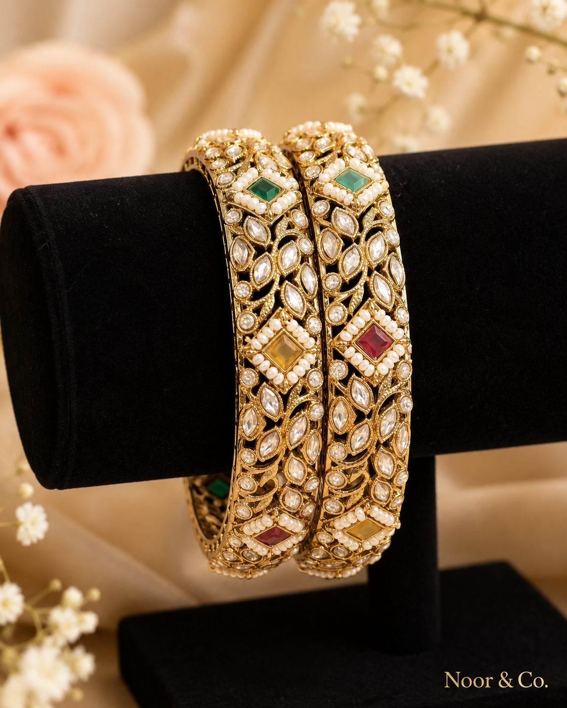 Gold Kundan Polki Bangle Pair with Multicolor Stones & Pearl Accents 2.10