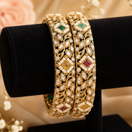 Gold Kundan Polki Bangle Pair with Multicolor Stones & Pearl Accents 2.10