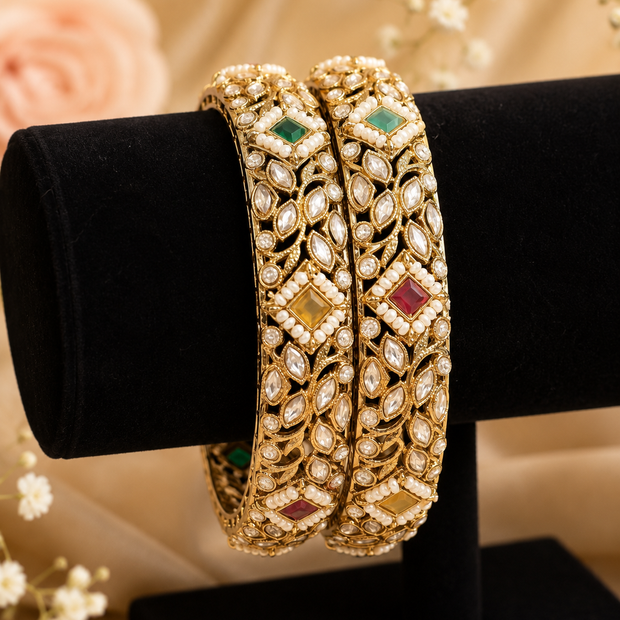 Gold Kundan Polki Bangle Pair with Multicolor Stones & Pearl Accents 2.10