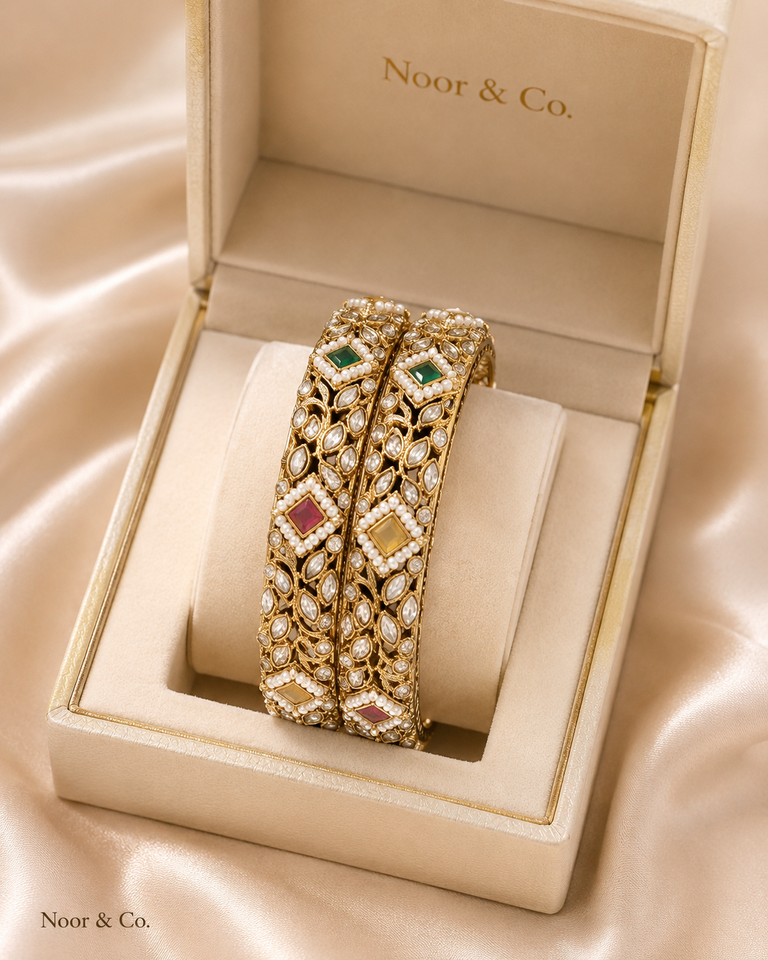 Gold Kundan Polki Bangle Pair with Multicolor Stones & Pearl Accents 2.10